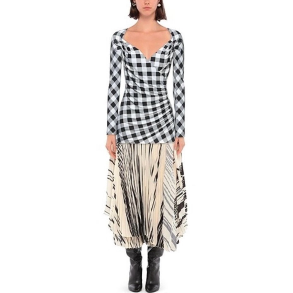 NWOT Norma Kamali Black & White Buffalo plaid Faux Wrap Top, size M